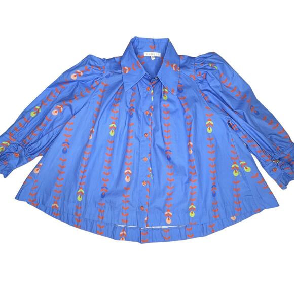 Karlie womens Floral Vine Poplin Button Up Top Blue Long Sleeve size S New - Picture 8 of 9